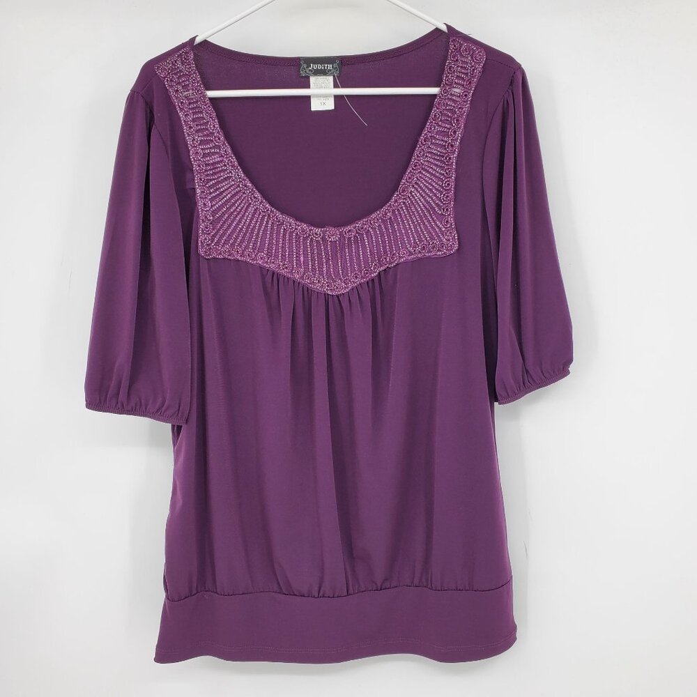 Judith Purple Embroidered Women's Short Sleeved Pullover Scoop‎ Neck Shirt 1X